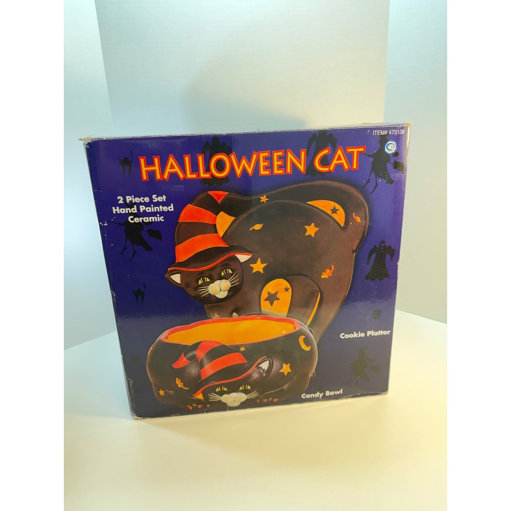 Susan Winget Halloween Cat Serving Set Black Ceramic Platter Bowl
